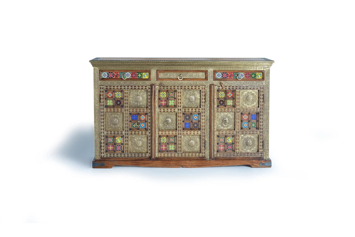 Giner and Colomer - 3-Door, 3-Drawer Acacia Wood Sideboard With Bronze & Ceramic Accents