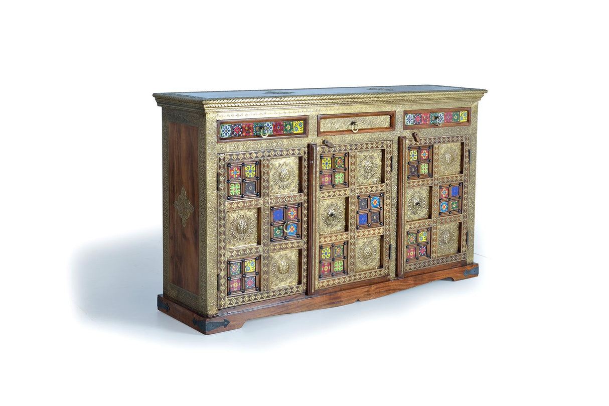 Giner and Colomer - 3-Door, 3-Drawer Acacia Wood Sideboard With Bronze & Ceramic Accents