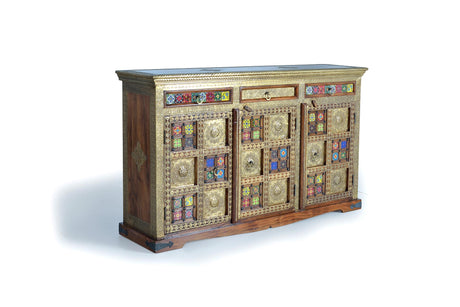Giner and Colomer - 3-Door, 3-Drawer Acacia Wood Sideboard With Bronze & Ceramic Accents