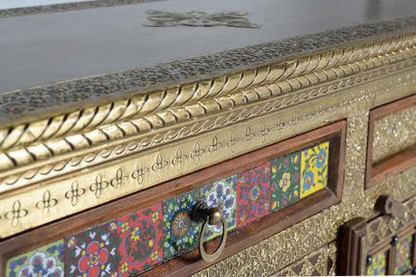 Giner and Colomer - 3-Door, 3-Drawer Acacia Wood Sideboard With Bronze & Ceramic Accents