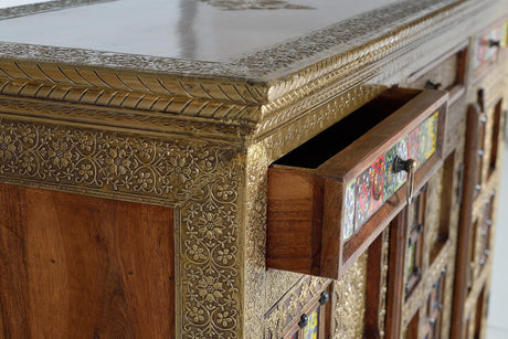 Giner and Colomer - 3-Door, 3-Drawer Acacia Wood Sideboard With Bronze & Ceramic Accents
