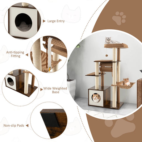 53 Inch Cat Tree with Condo and Swing Tunnel-Brown
