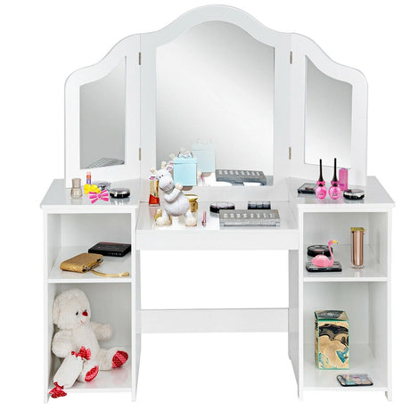 Kids Tri Folding Mirror Makeup Dressing Vanity Table Set-White