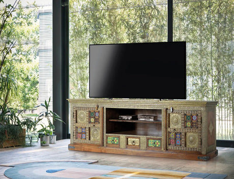 Giner and Colomer - Acacia Wood TV Stand With 2 Doors, 3 Drawers & Copper/Ceramic Details
