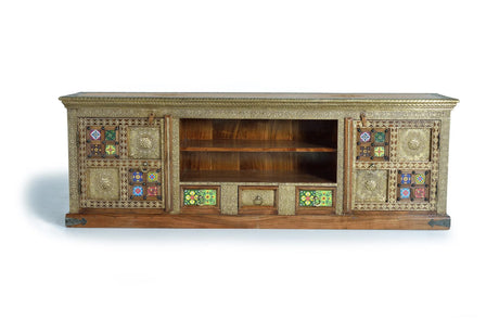 Giner and Colomer - Acacia Wood TV Stand With 2 Doors, 3 Drawers & Copper/Ceramic Details