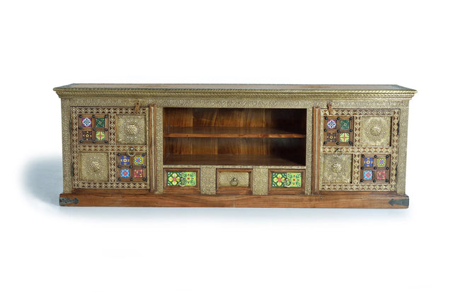 Giner and Colomer - Acacia Wood TV Stand With 2 Doors, 3 Drawers & Copper/Ceramic Details