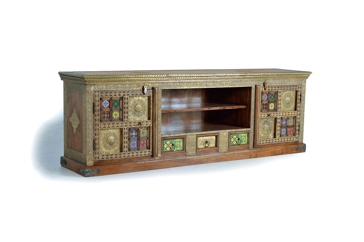 Giner and Colomer - Acacia Wood TV Stand With 2 Doors, 3 Drawers & Copper/Ceramic Details