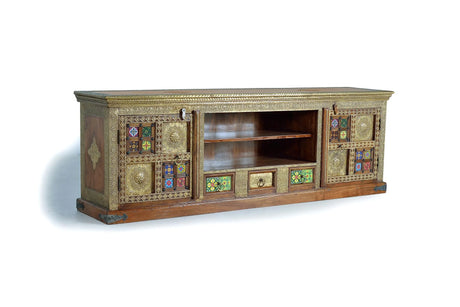 Giner and Colomer - Acacia Wood TV Stand With 2 Doors, 3 Drawers & Copper/Ceramic Details