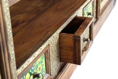 Giner and Colomer - Acacia Wood TV Stand With 2 Doors, 3 Drawers & Copper/Ceramic Details
