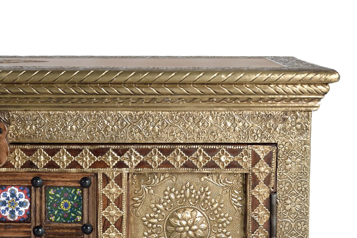 Giner and Colomer - Acacia Wood TV Stand With 2 Doors, 3 Drawers & Copper/Ceramic Details