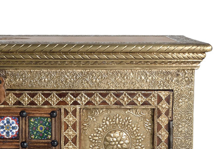 Giner and Colomer - Acacia Wood TV Stand With 2 Doors, 3 Drawers & Copper/Ceramic Details