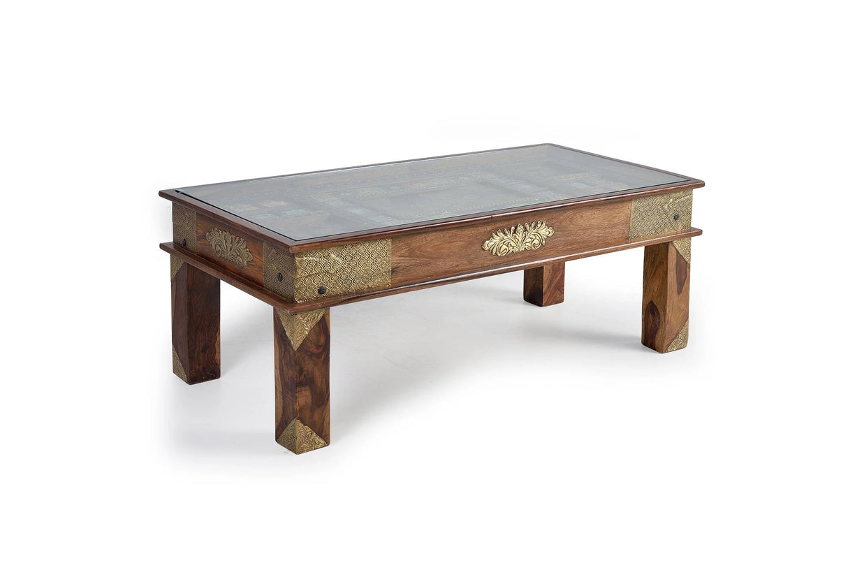 Giner and Colomer - Rosewood Coffee Table With Glass Top & Bronze/Ceramic Details