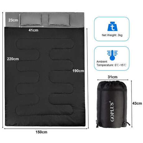 2 Person Waterproof Sleeping Bag with 2 Pillows-Black