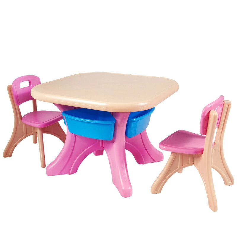 3 Sets of Table and Chairs with Detachable Storage Boxes Design for Kids Pink