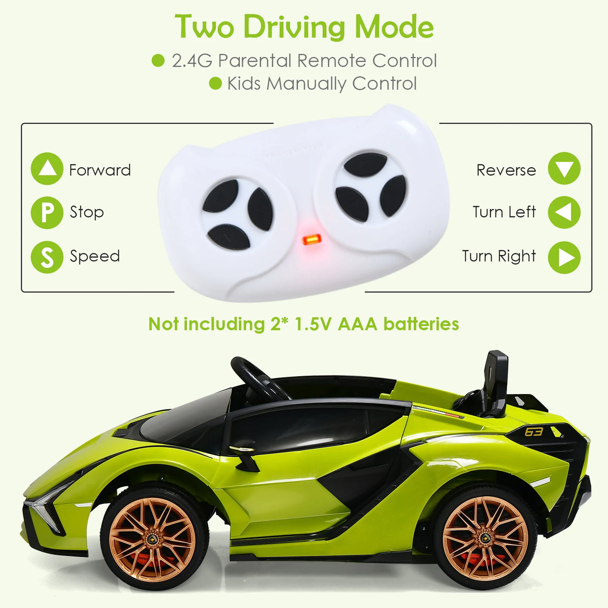 12V Battery Powered Electric Vehicle with Remote Control and LED Lights-Green