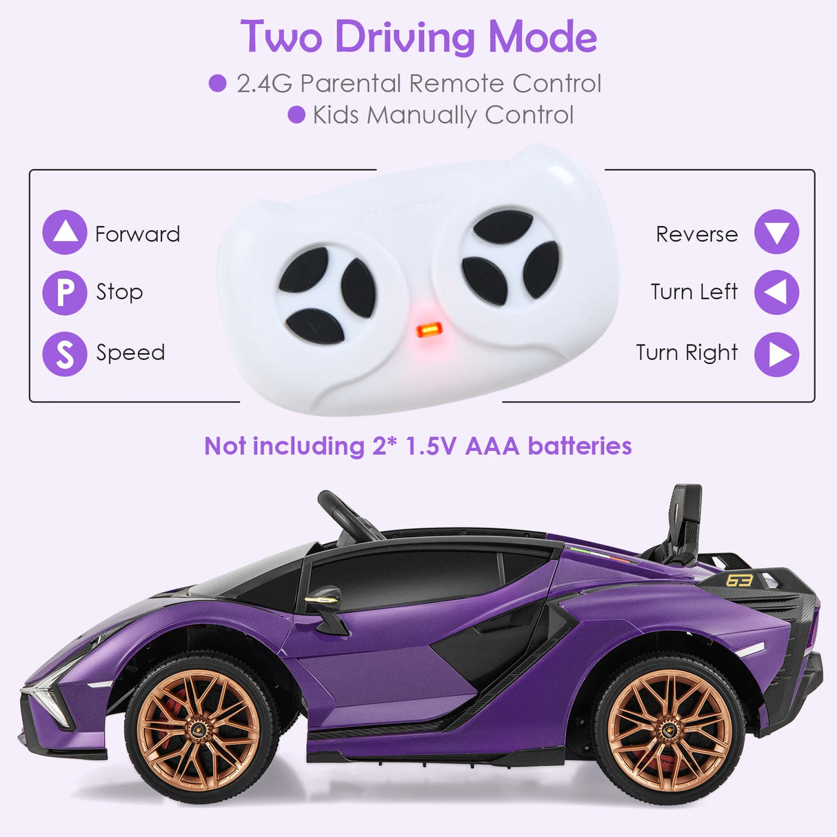 12V Battery Powered Electric Vehicle with Remote Control and LED Lights-Purple