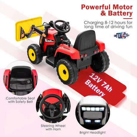 12V Battery Powered Loader Digger with Adjustable Arm and Bucket-Red