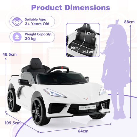 12V Electric Kids Ride On Car with Remote Control and Lights-White