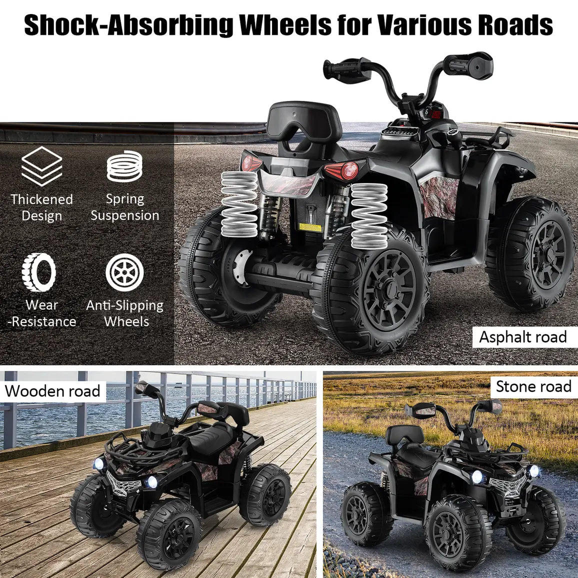 12V Electric Powered Quad Vehicle with Spring Suspension Oversized Wheels and Storage Basket-Black