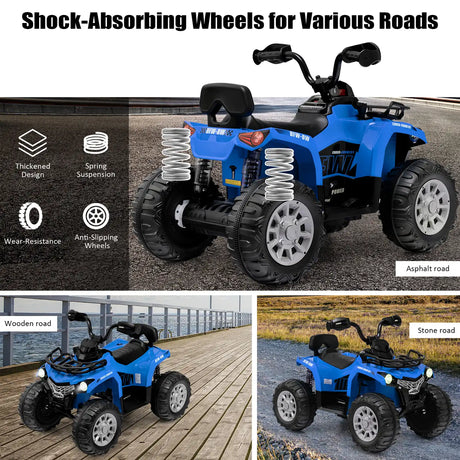 12V Electric Powered Quad Vehicle with Spring Suspension Oversized Wheels and Storage Basket-Blue