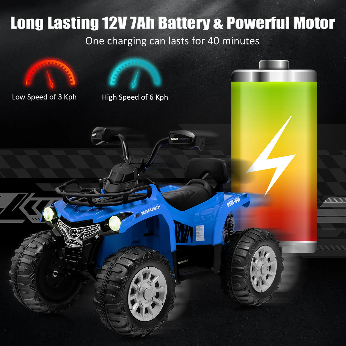 12V Electric Powered Quad Vehicle with Spring Suspension Oversized Wheels and Storage Basket-Blue
