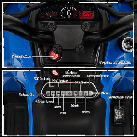 12V Electric Powered Quad Vehicle with Spring Suspension Oversized Wheels and Storage Basket-Blue