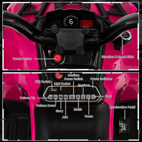 12V Electric Powered Quad Vehicle with Spring Suspension Oversized Wheels and Storage Basket-Pink