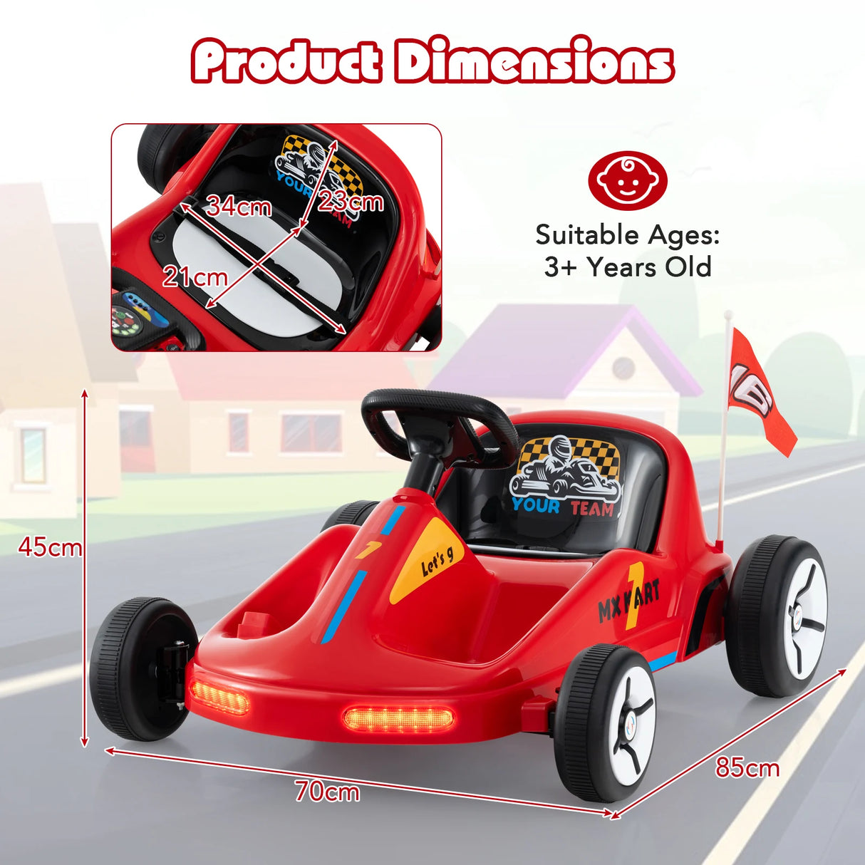 12V Kids Electric Go Kart with Remote and 3 Speeds and Lights-Red