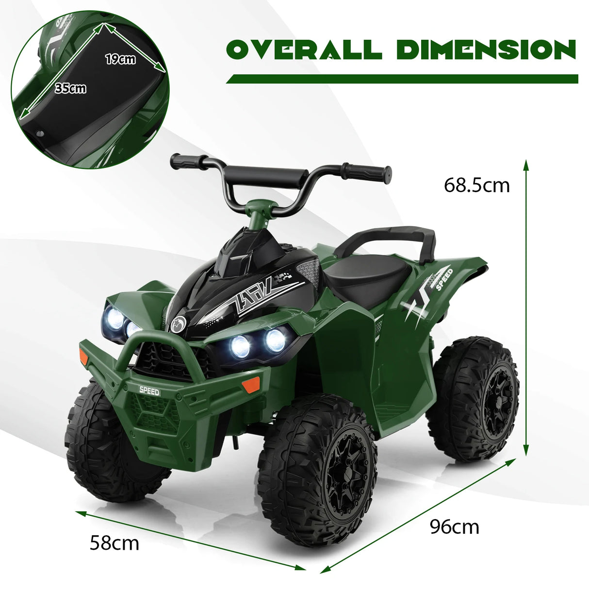 12V Kids Ride On ATV with 2 Speeds and LED Lights-Green