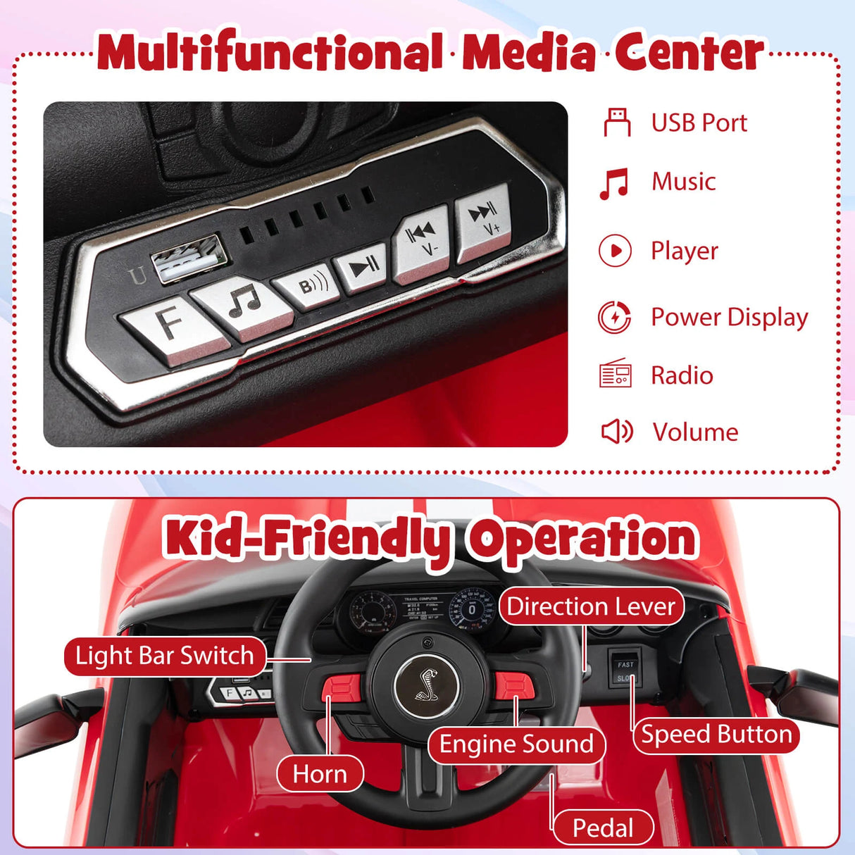 12V Kids Ride on Car Electric Licensed Ford Mustang Shelby GT500 for Kids Aged 3-8-Red