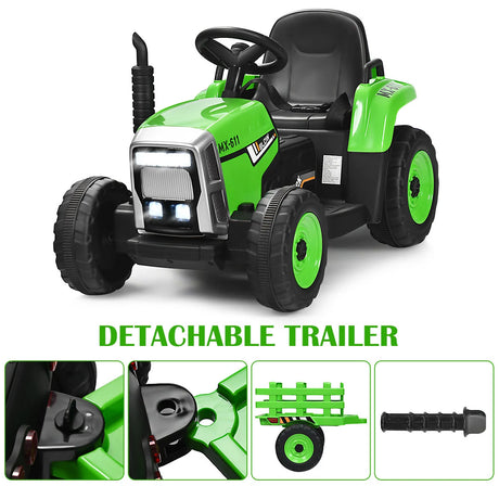 12V Kids Ride On Tractor with Trailer Music and LED Lights-Green
