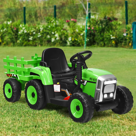 12V Kids Ride On Tractor with Trailer Music and LED Lights-Green