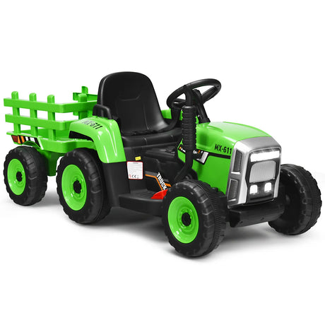 12V Kids Ride On Tractor with Trailer Music and LED Lights-Green