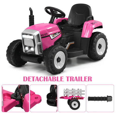12V Kids Ride On Tractor with Trailer Music and LED Lights-Pink