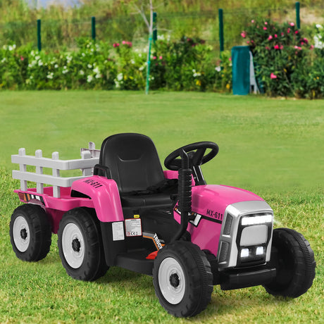 12V Kids Ride On Tractor with Trailer Music and LED Lights-Pink