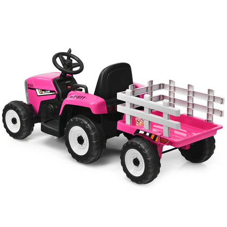 12V Kids Ride On Tractor with Trailer Music and LED Lights-Pink