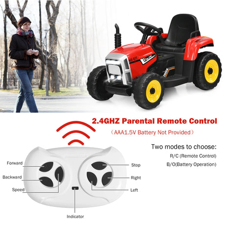 12V Kids Ride On Tractor with Trailer Music and LED Lights-Red