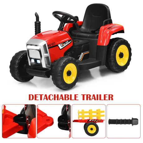 12V Kids Ride On Tractor with Trailer Music and LED Lights-Red