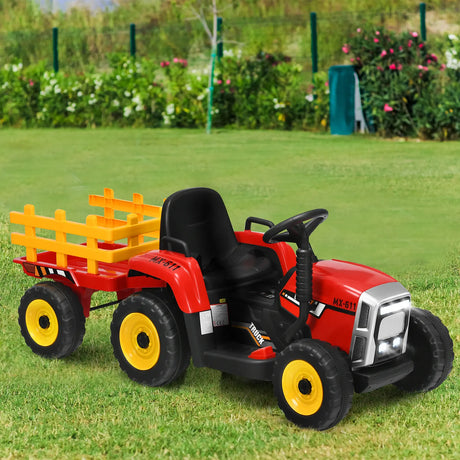 12V Kids Ride On Tractor with Trailer Music and LED Lights-Red