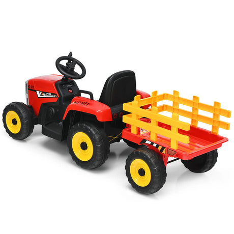 12V Kids Ride On Tractor with Trailer Music and LED Lights-Red