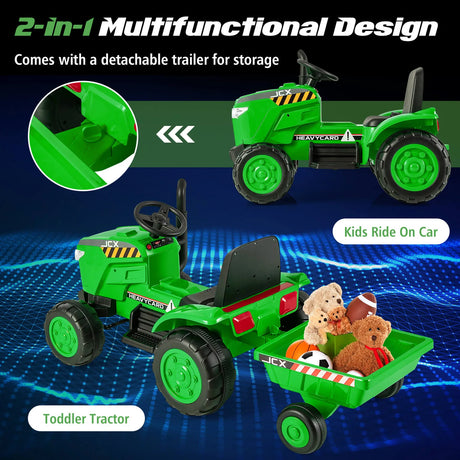 12V Kids Ride On Tractor with Trailer with Remote Control and Lights and Horn-Green