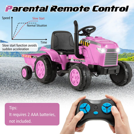 12V Kids Ride On Tractor with Trailer with Remote Control and Lights and Horn-Pink