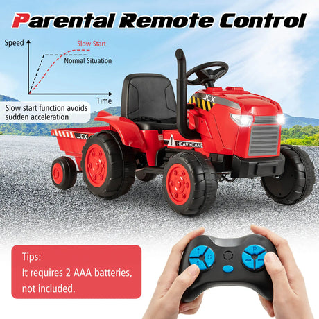 12V Kids Ride On Tractor with Trailer with Remote Control and Lights and Horn-Red