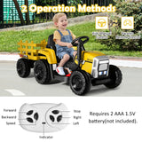 12V Kids Ride On Tractor with Trailer Music and LED Lights-Yellow