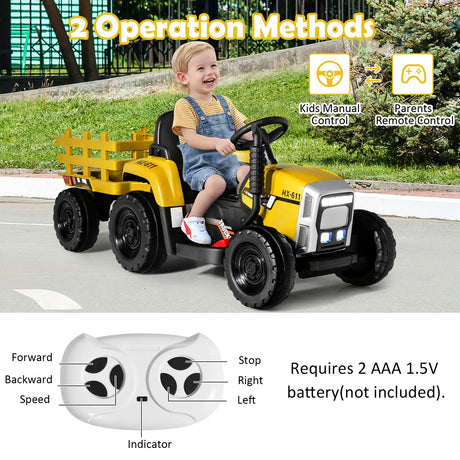 12V Kids Ride On Tractor with Trailer Music and LED Lights-Yellow