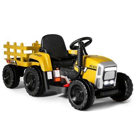 12V Kids Ride On Tractor with Trailer Music and LED Lights-Yellow