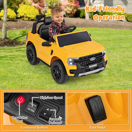 12V Licensed Ford Ranger Kids Ride on Car with Remote Control-Yellow