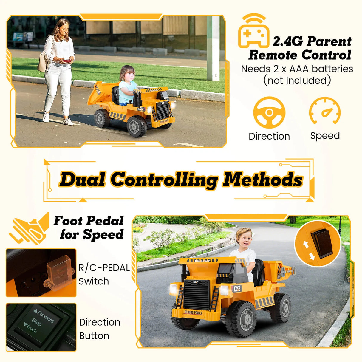 12V Kids Ride on Dump Truck with Electric Dump Bed-Yellow