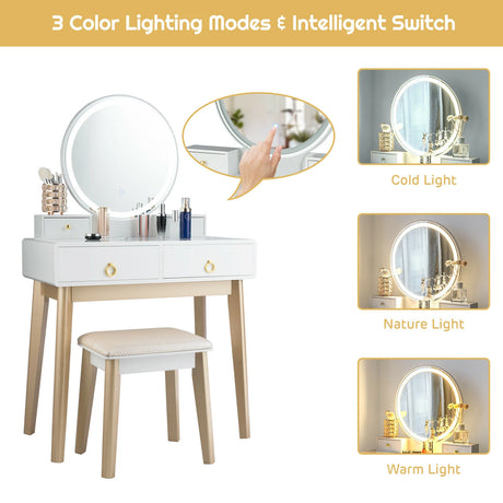 Modern Dressing Table with LED Mirror &amp; Cushioned Stool-White