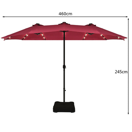 15 Ft Solar LED Patio Double-sided Umbrella Market Umbrella with Weight Base-Red